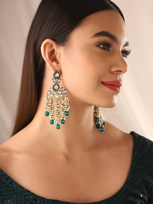 Priyaasi Green Kundan Pearl Drop Earrings