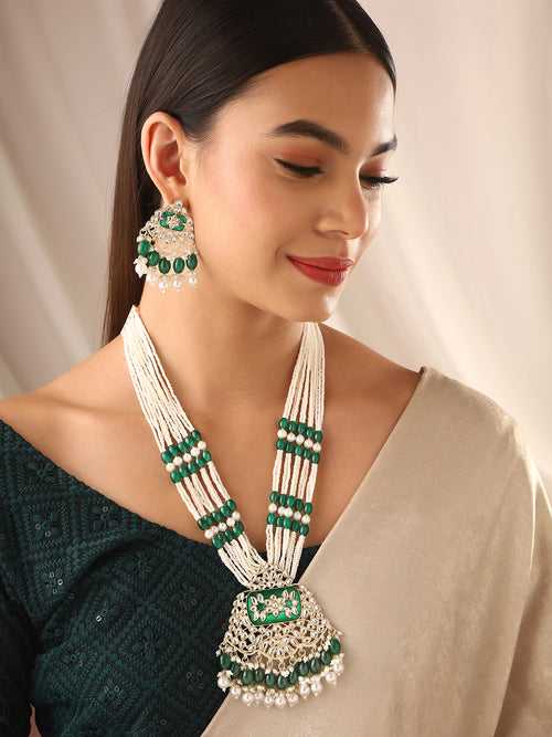 Priyaasi Green Beads Pearl Moti Kundan Jewellery Set