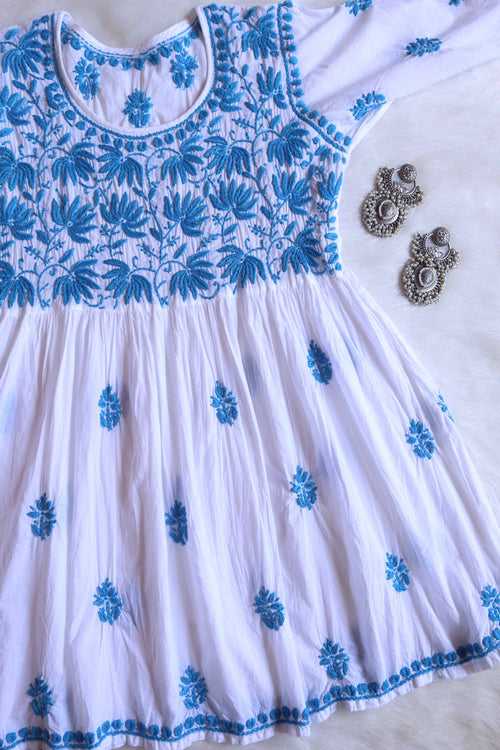 Nazakat White & Blue short Frock