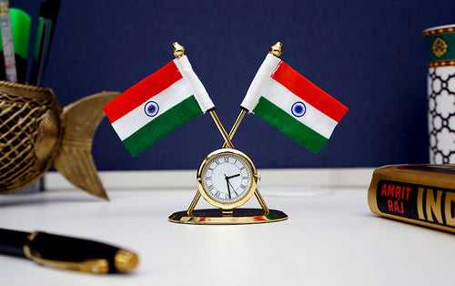2 India Flags with Desk Clock