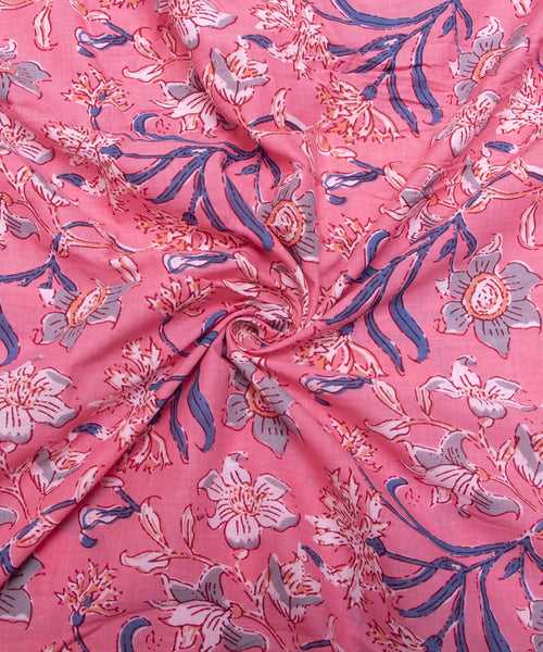 Pink Floral Screen Print Cotton Fabric