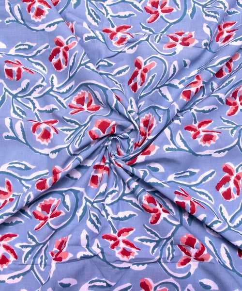 Light Blue Floral Screen Print Cotton Fabric