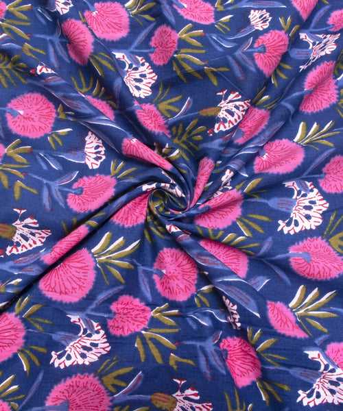 Dark Blue Screen Floral Print Cotton Fabric