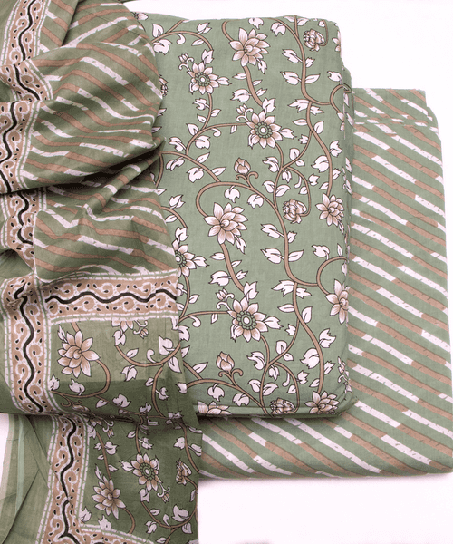 Reclining Green Color Floral Print Cotton Unstitched Suit Pieces