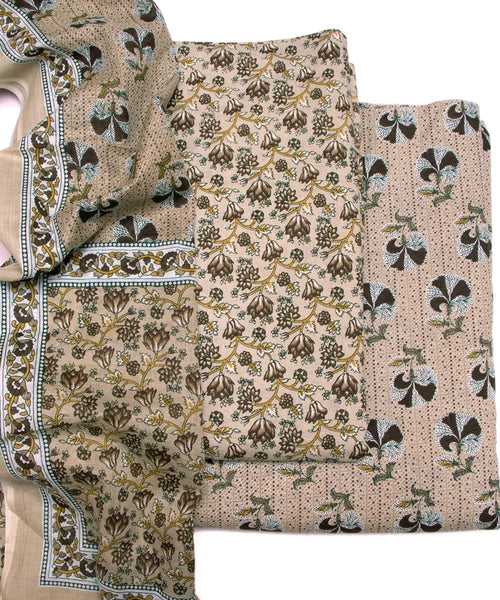 Pale Khaki Floral  Printed Fabric 3 Piece Cotton Suit Set