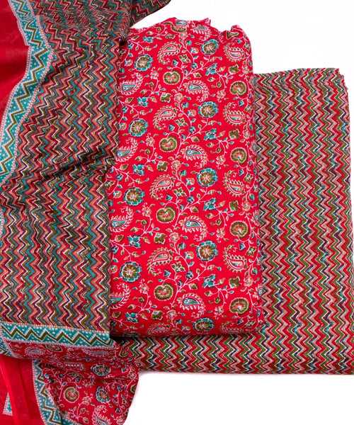 Red Paisley Printed Fabric 3 Piece Cotton Suit Set