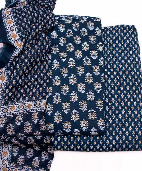 Dark Teal Blue Floral Printed Fabric 3 Piece Cotton Suit Set