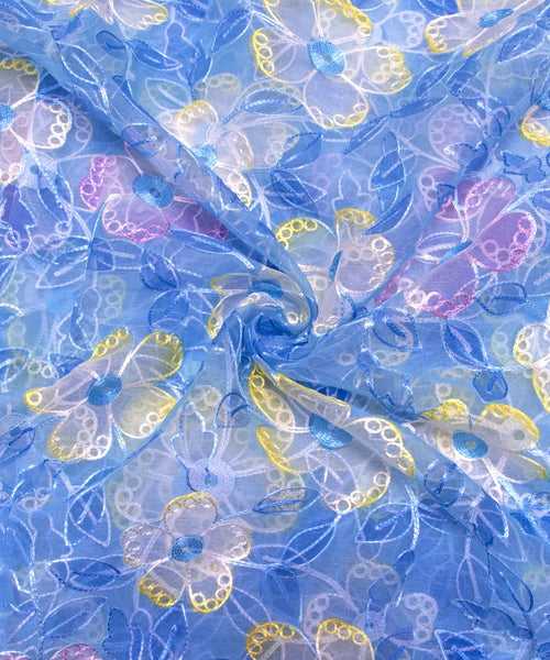 Light Blue Color Floral Embroidery Organza Position Print Fabric