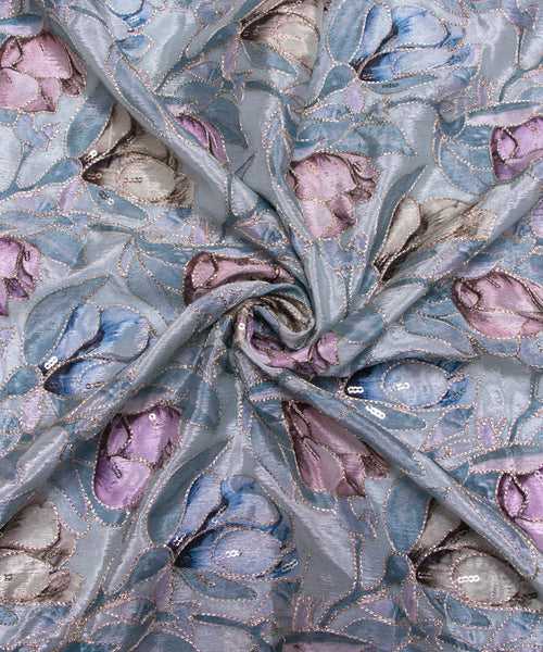 Bluish Grey Digital Position Print Viscose Chinon Fabric