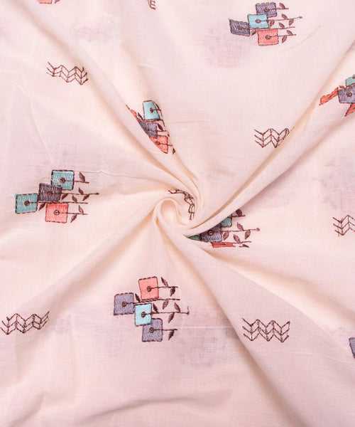 White Object Design Cotton Embroidery Fabric