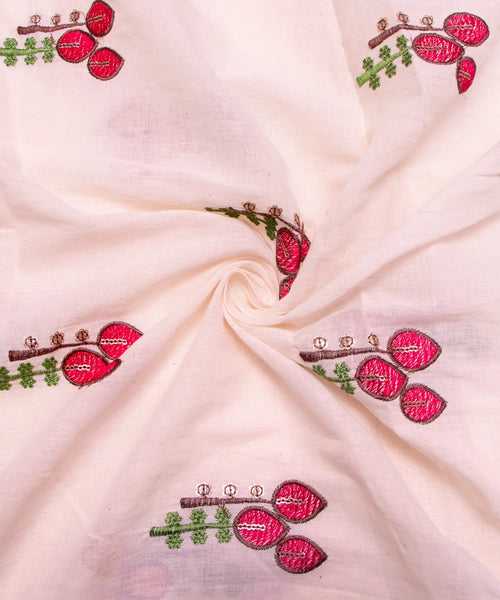 White Object Design Cotton Embroidery Fabric