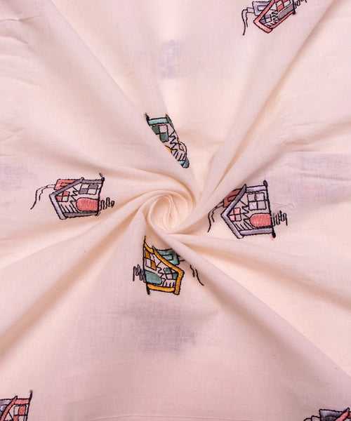 White Object Design Cotton Embroidery Fabric