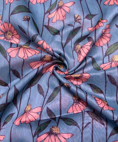 Light Blue Digital Floral Printed Chanderi Fabric