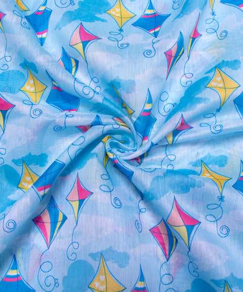 Light Blue Digital Kids Printed Chanderi Fabric