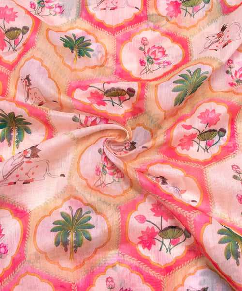 Off White Digital Floral Printed Chanderi Fabric