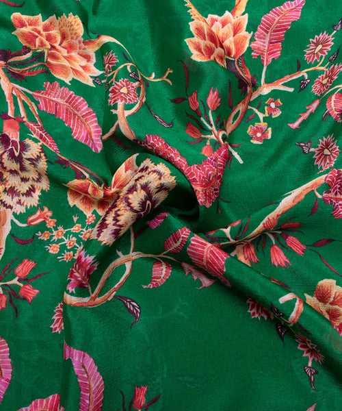 Green Floral Digital Printed Chinon Silk Fabric