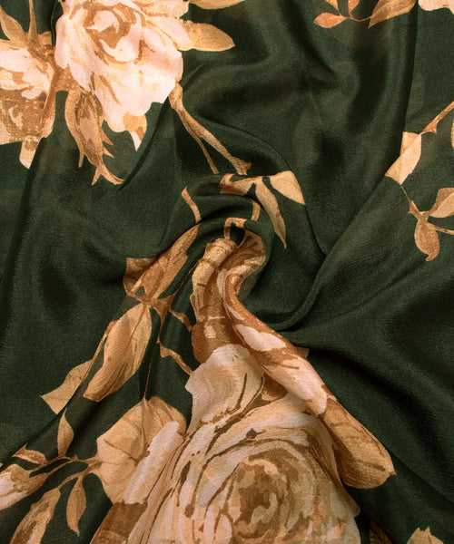 Dark Green Floral Digital Printed Chinon Silk Fabric
