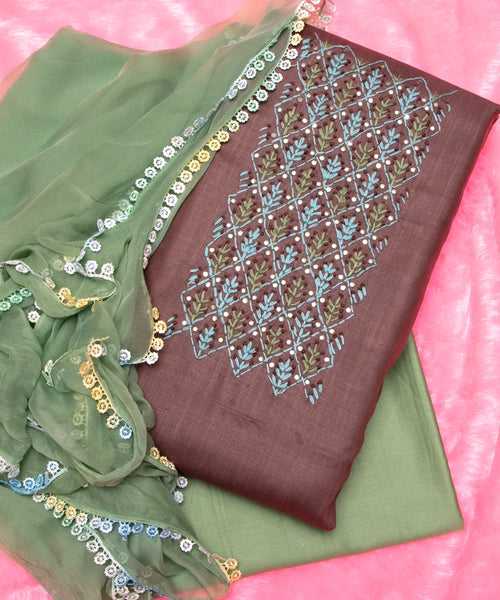 Brown Embroidered 3 Piece Slub Cotton Suit Set Fabric