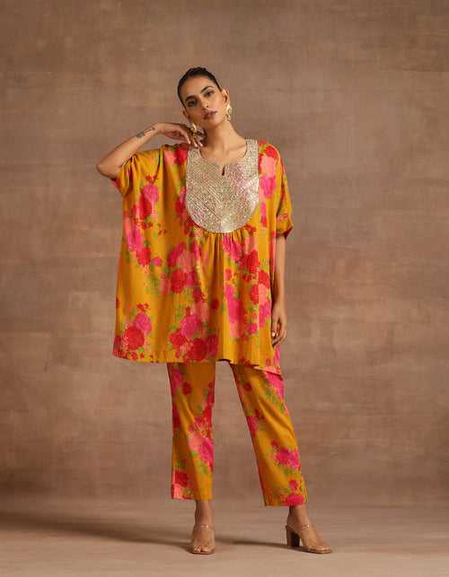 Emb. Yellow Kaftan Top With Pants (Set of 2)