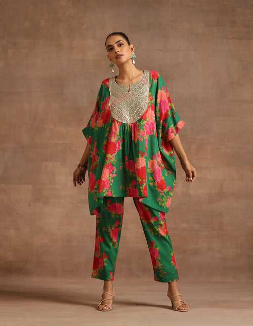 Emb. Green Kaftan Top With Pants (Set of 2)