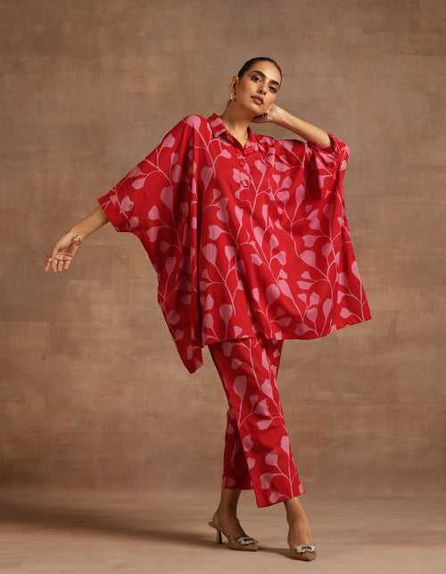 Red Kaftan Shirt With Pants (Set of 2)