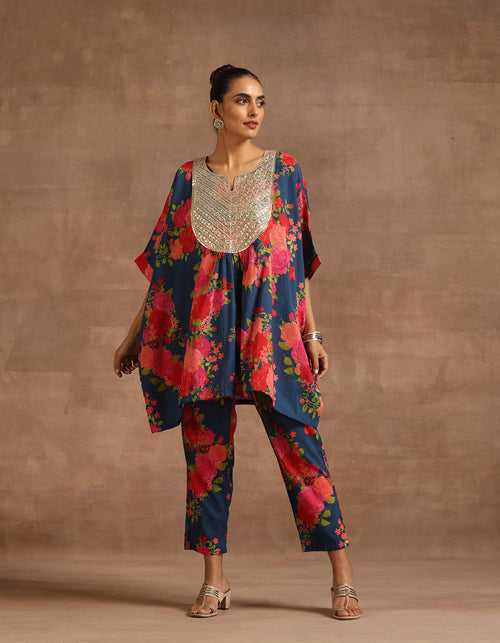 Emb. Blue Kaftan Top With Pants (Set of 2)