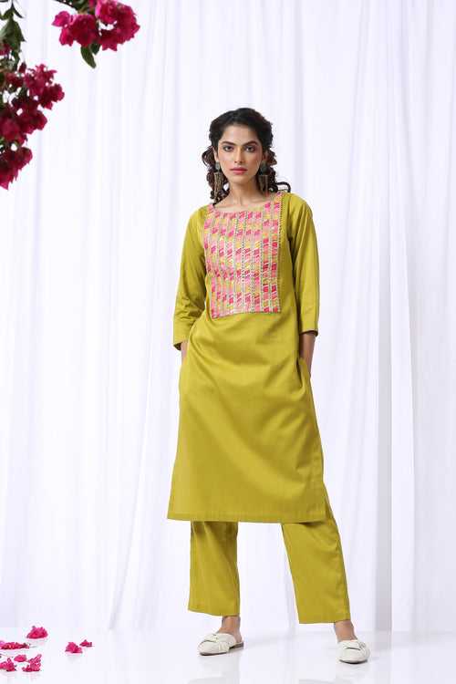 Green Lace Yoke Kurta