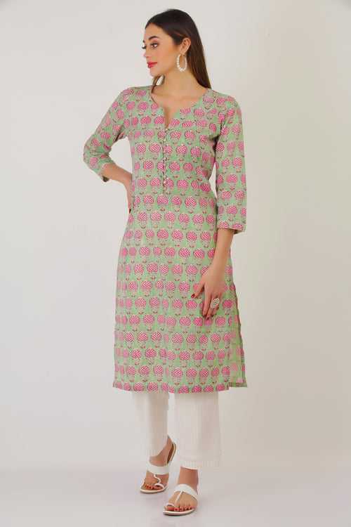 Pistachio handblocked Kurti