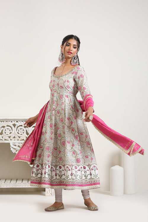 Natural Handblocked Emb. Chanderi Anarkali with Churidar & Mukaish Dupatta