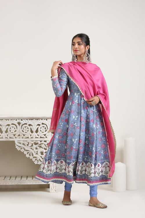 Blue Handblocked Emb. Chanderi Anarkali with Churidar & Mukaish Dupatta