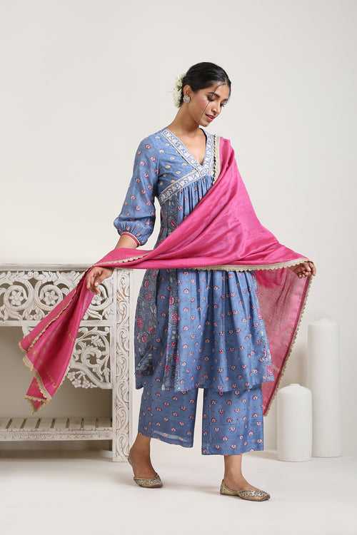 Blue Handblocked Emb. Sara Kurta with  Palazo & Dupatta