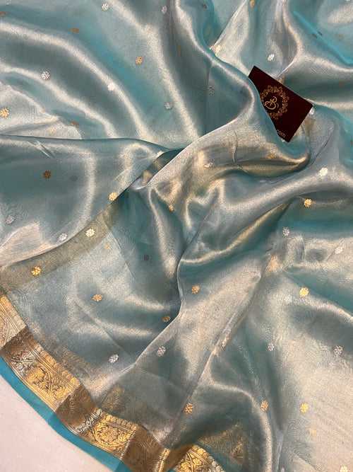 Aqua Blue Banarasi Handloom Organza Tissue Silk Saree