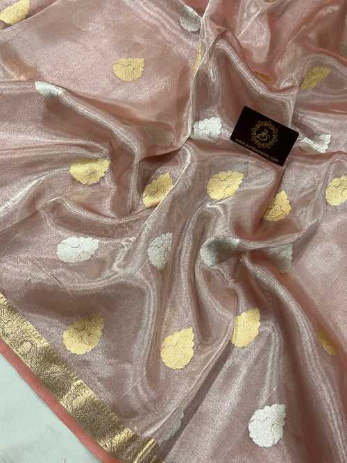 Peach Banarasi Handloom Organza Tissue Silk Saree