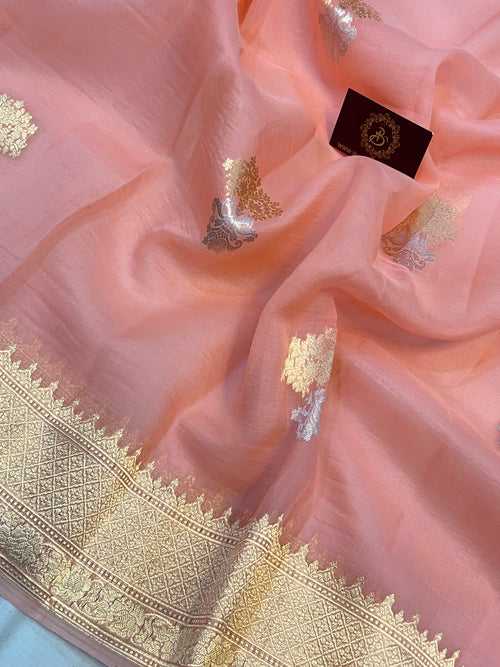 Peach Pure Banarasi Handloom Kora Silk Saree