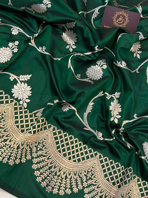 Bottle Green Jaal Pure Banarasi Handloom Katan Silk Saree