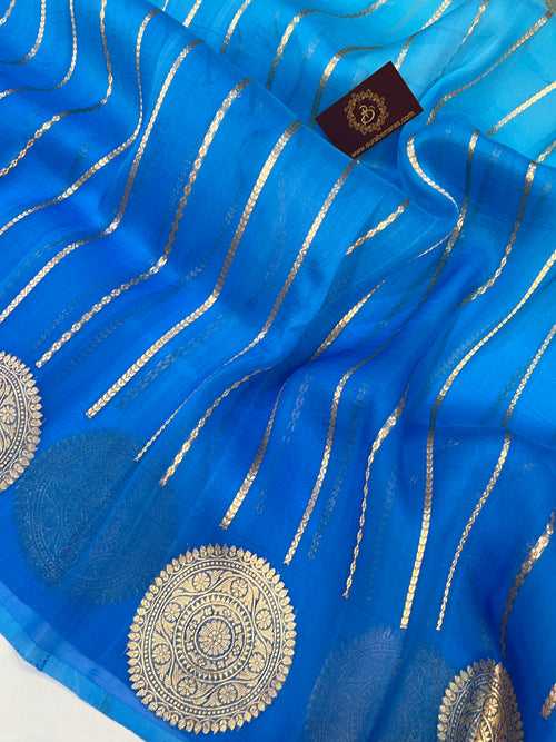Blue Shaded Banarasi Handloom Kora Silk Saree