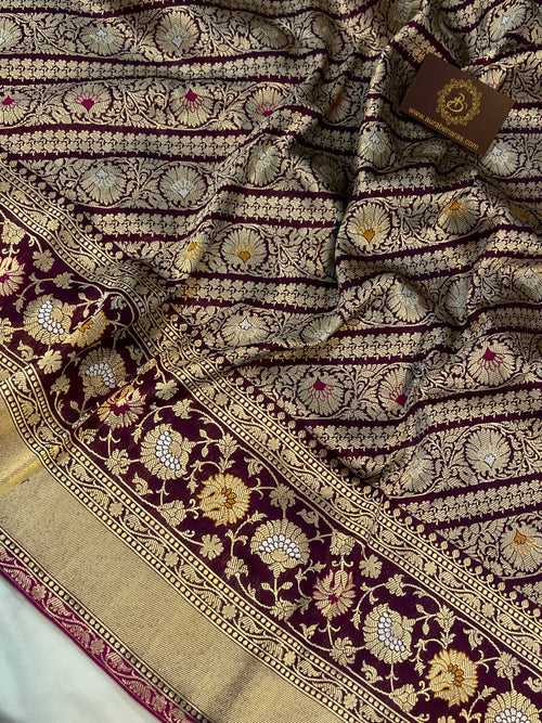 Wine Jamawar Banarasi Handloom Katan Silk Saree