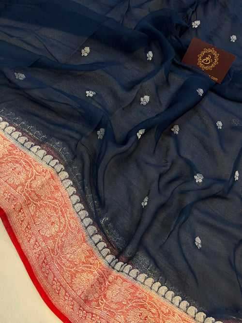 Navy Blue Khaddi Chiffon Banarasi Handloom Saree