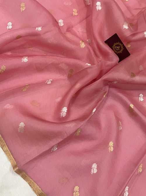 Pastel Pink Banarasi Handloom Kora Silk Saree