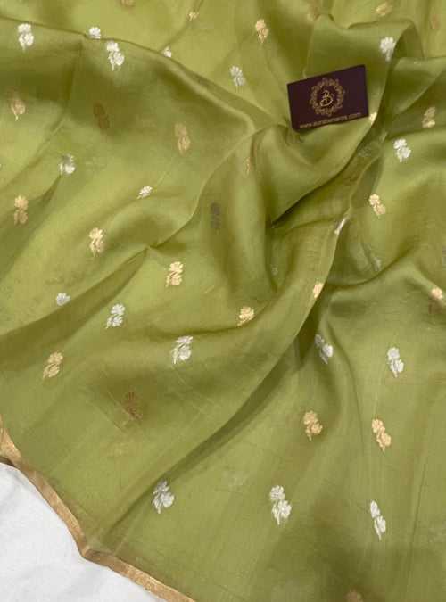 Mehendi Green Banarasi Handloom Kora Silk Saree