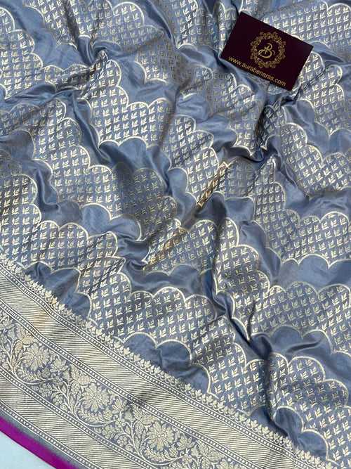 Greyish Blue Pure Banarasi Handloom Katan Silk Saree