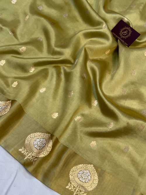 Pastel Olive Green Pure Banarasi Handloom Silk Saree