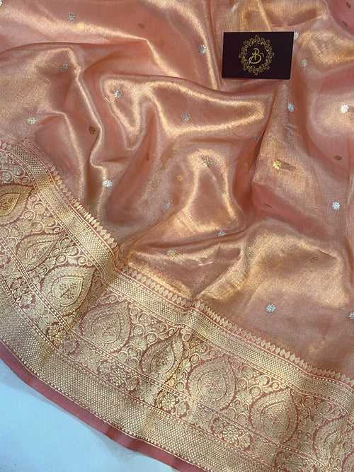 Peach Banarasi Handloom Organza Tissue Silk Saree