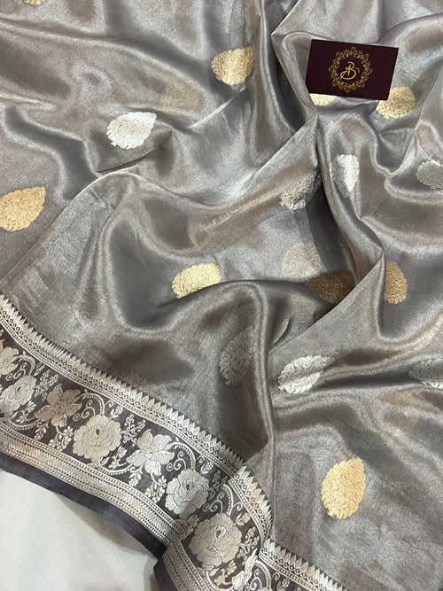 Grey Banarasi Handloom Organza Tissue Silk Saree