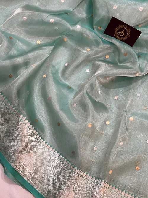 Aqua Blue Banarasi Handloom Organza Tissue Silk Saree