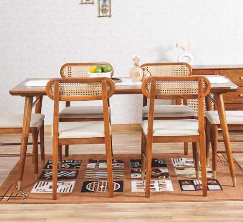 Boston Solid Wood Rattan Cane Dining Table Four Seater Set