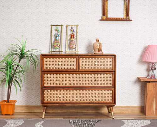 Boston Solid Wood Rattan Cane Chest of Drawer Four Drawer