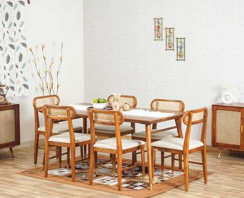 Boston Solid Wood Rattan Cane Dining Table Six Seater Set