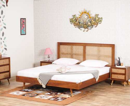 Boston Solid Wood Rattan Cane Queen Size Bed