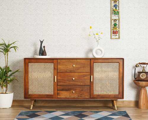 Boston Solid Wood Rattan Cane Two Door  Sideboard with three Drawers